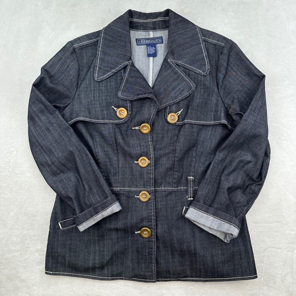 Baccini Womens Denim Jacket Dark Wash Jean Coat Button Front Large L